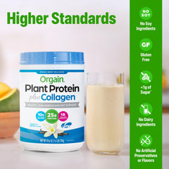 Orgain Vanilla Bean protein and collagen mix being stirred in a blender