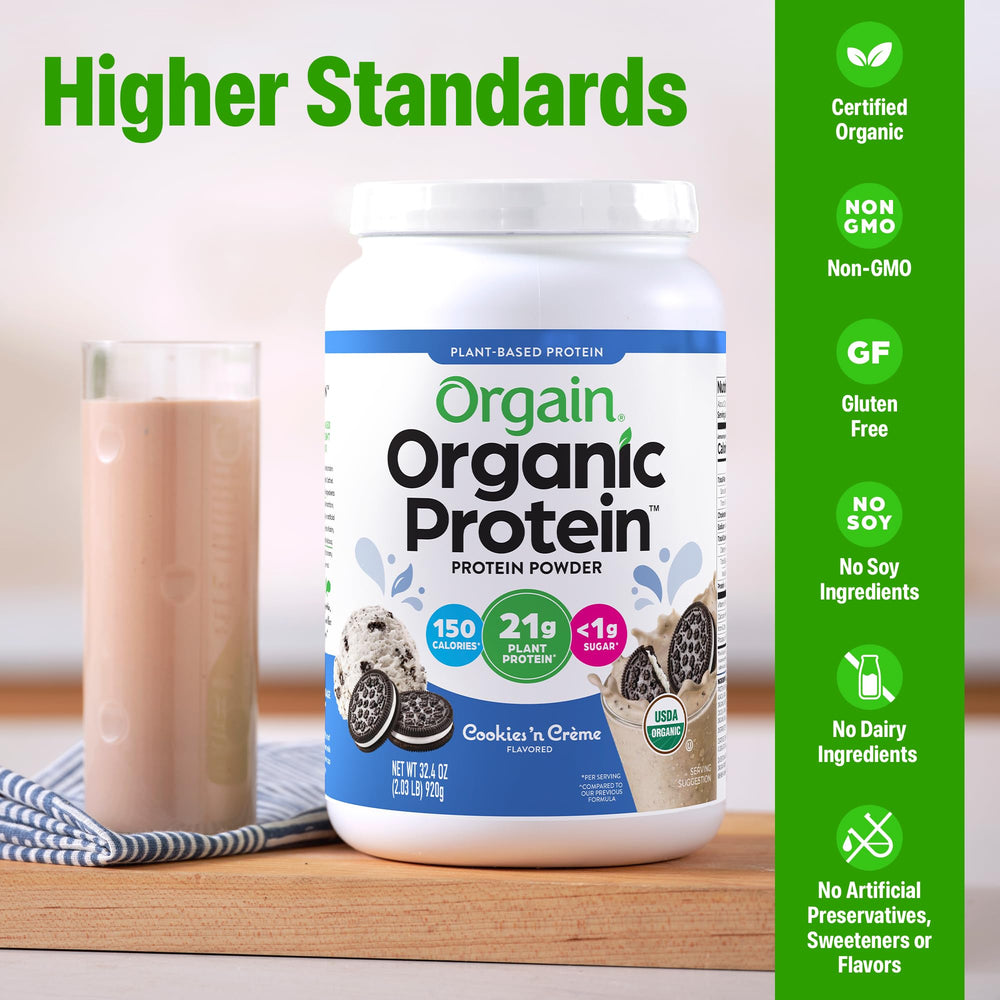 Orgain protein powder scoop in measuring cup highlighting easy prep