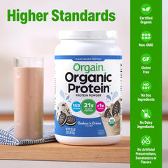 Orgain protein powder scoop in measuring cup highlighting easy prep