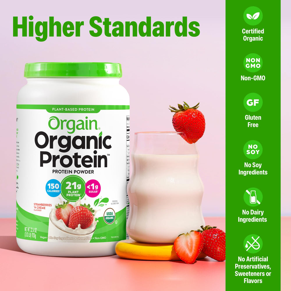 Orgain shake made with Strawberries & Cream protein powder, creamy texture.