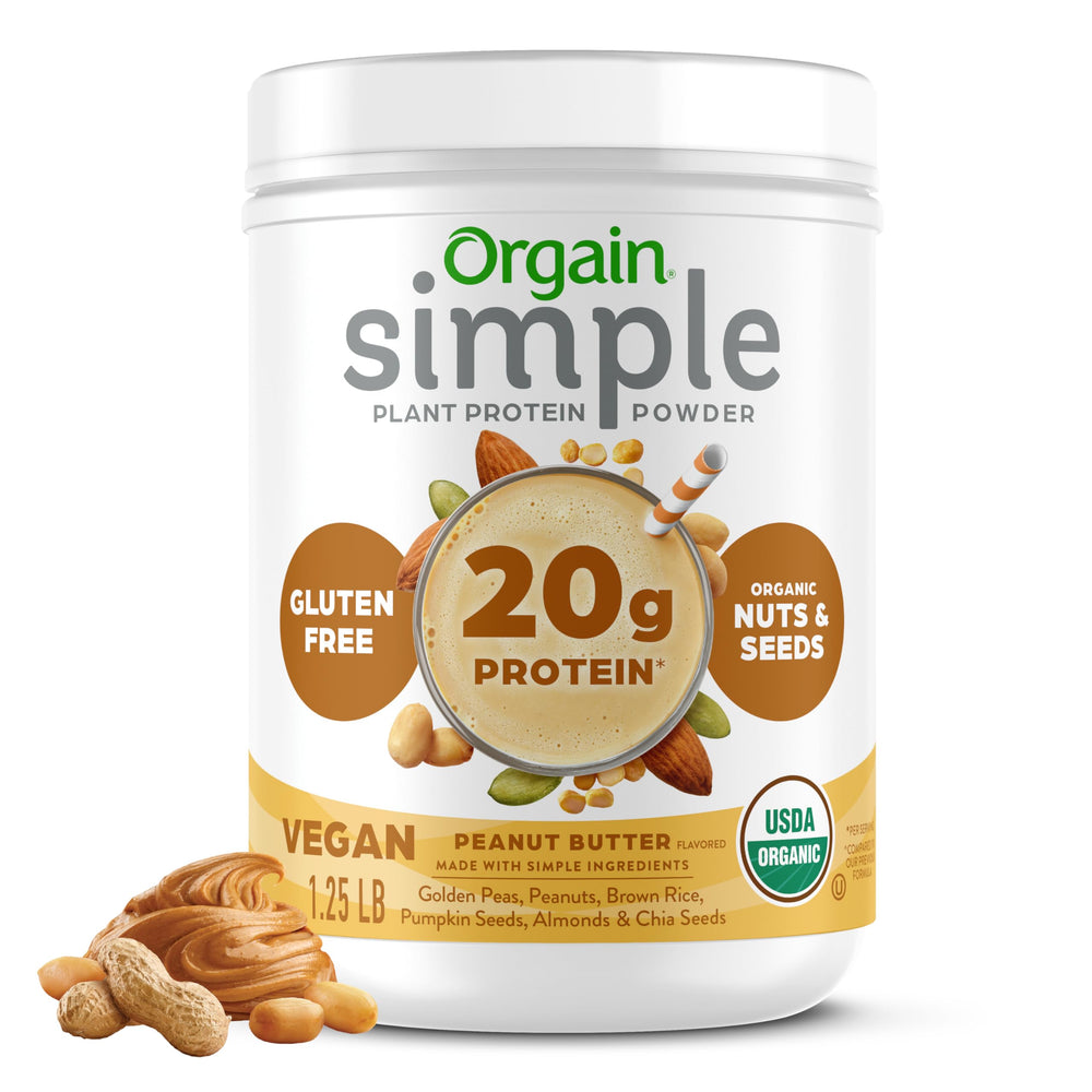Orgain Simple Vegan Protein Powder bottle and scoop for quick protein shakes
