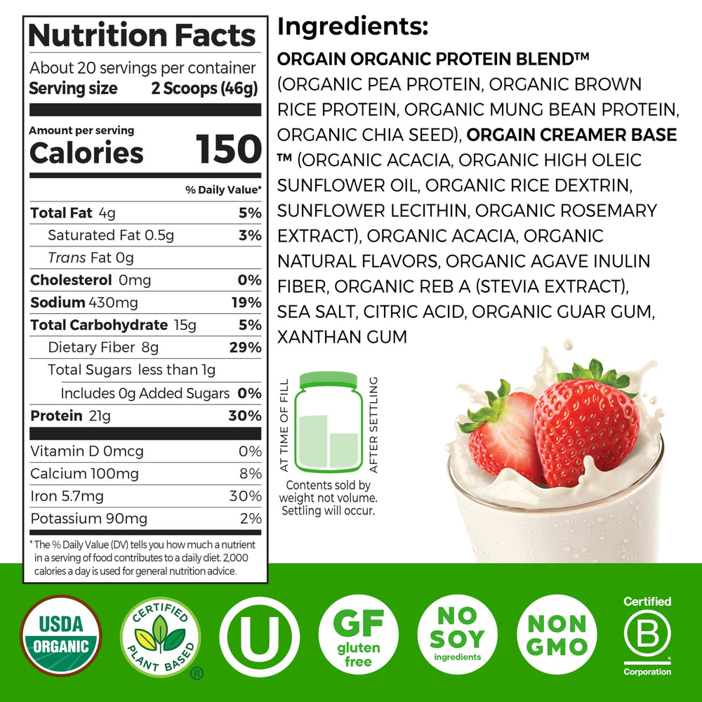 Orgain Strawberries & Cream powder scoop close-up for quick shakes.