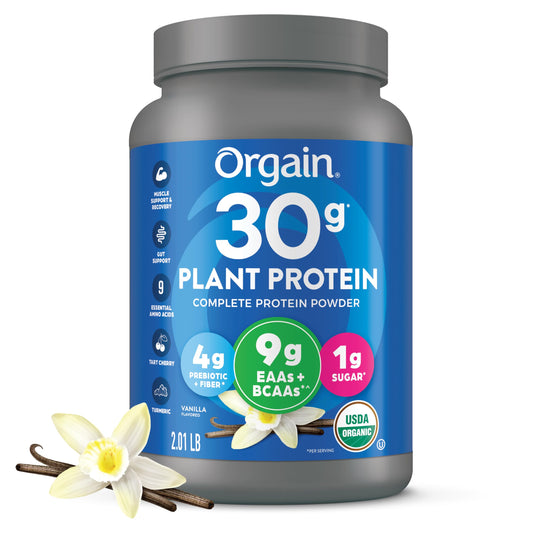 Orgain Vanilla plant protein powder tub shows complete EAAs for balanced workouts.