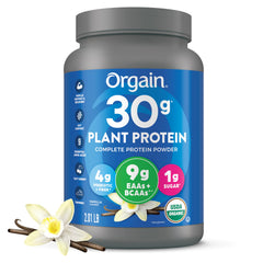 Orgain Vanilla plant protein powder tub shows complete EAAs for balanced workouts.