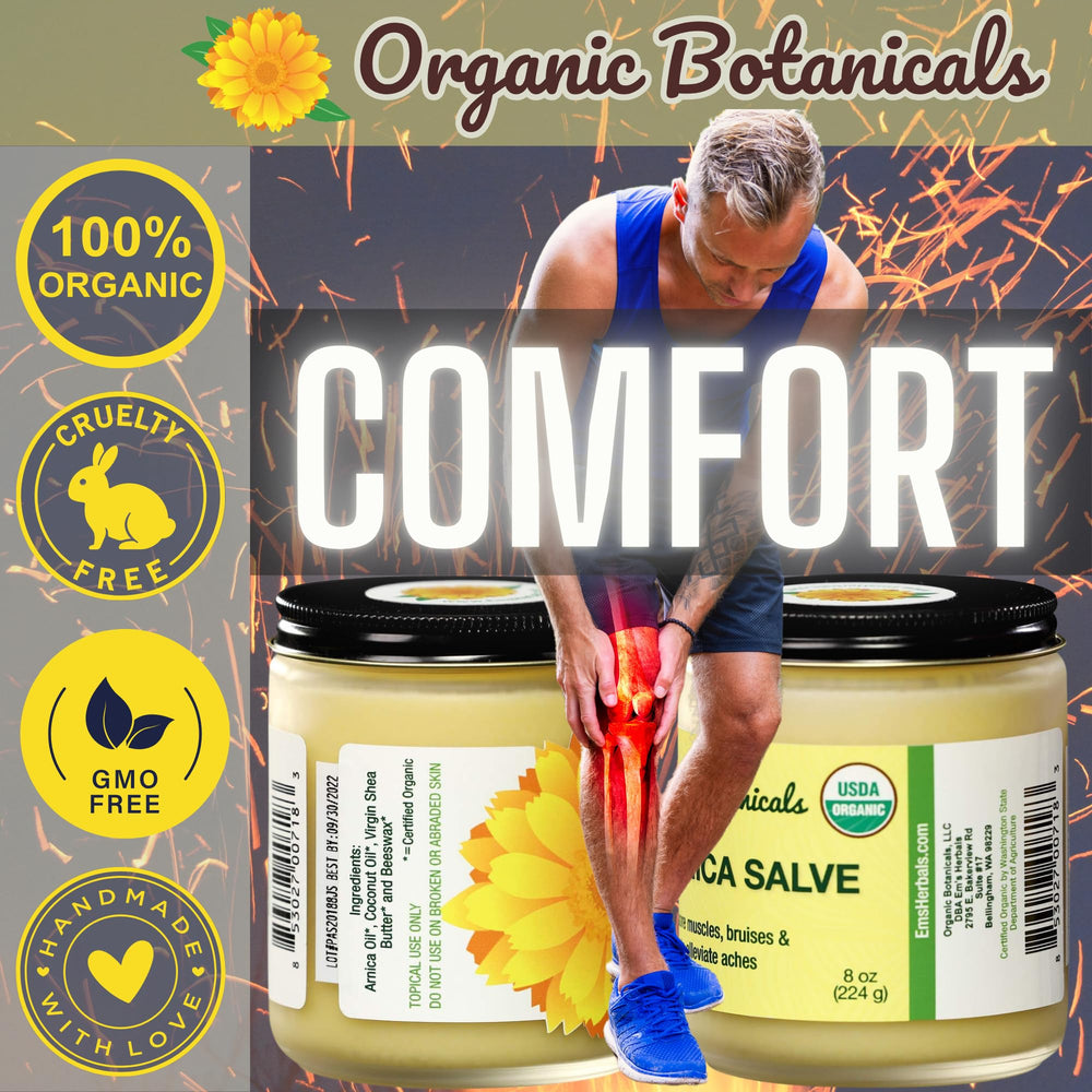 Ingredients of Organic Botanicals Arnica Salve emphasize natural, organic components for care.