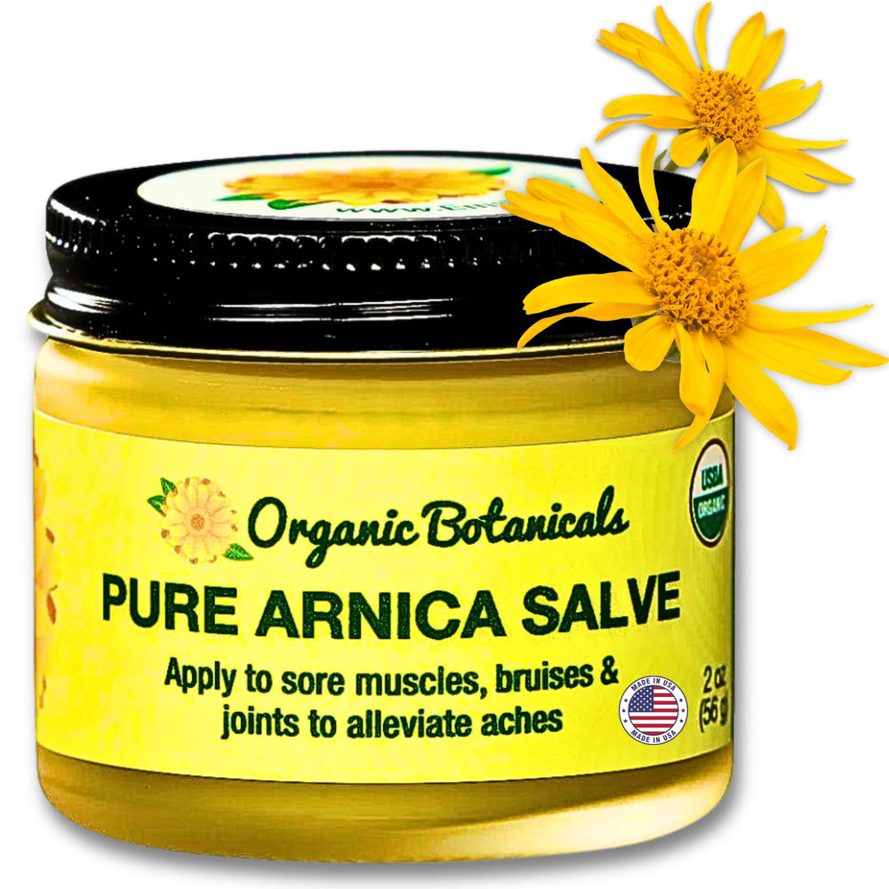 Organic Botanicals Arnica Salve jar closeup for soothing relief with natural ingredients.