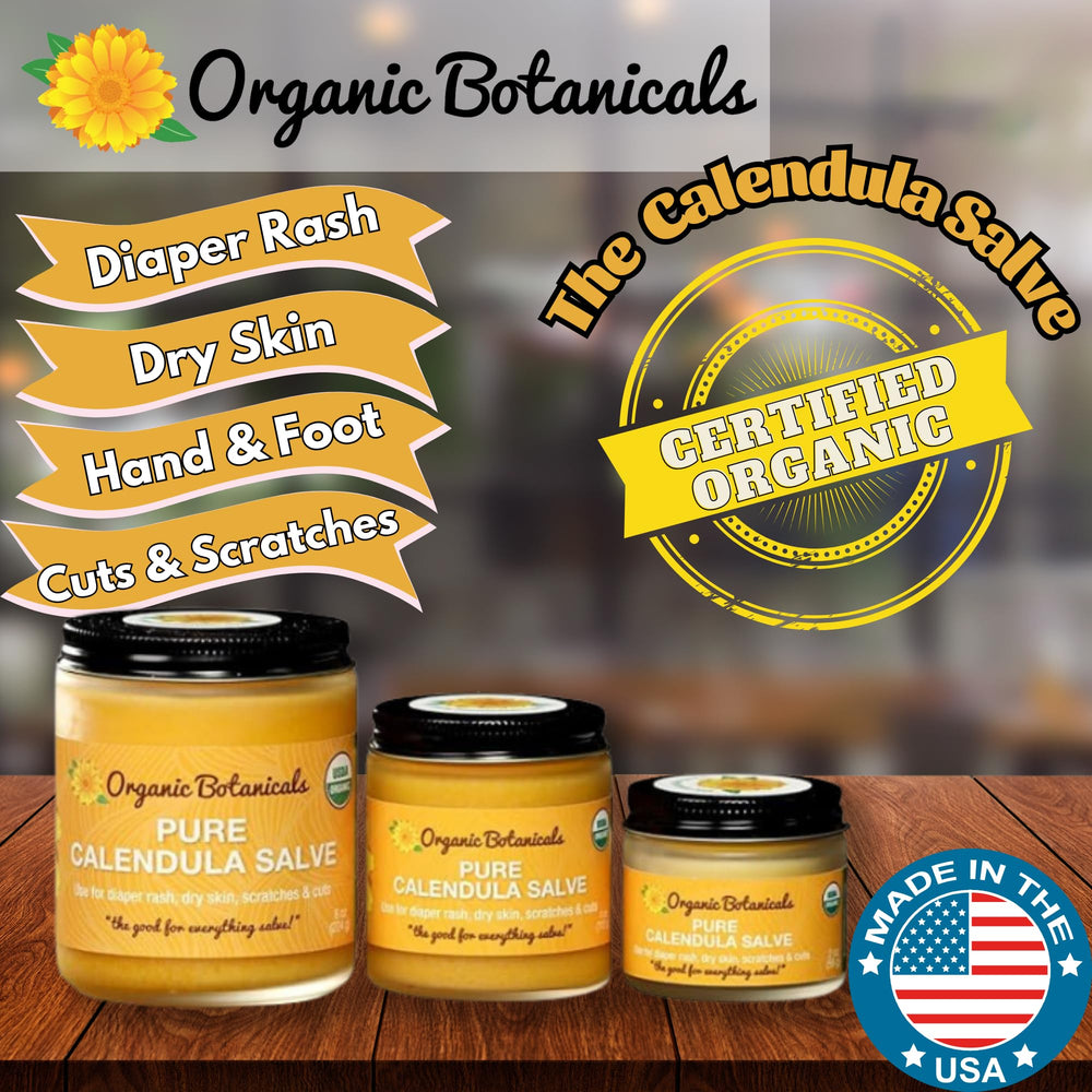 Organic Botanicals Calendula Salve label close-up highlighting certified organic ingredients.