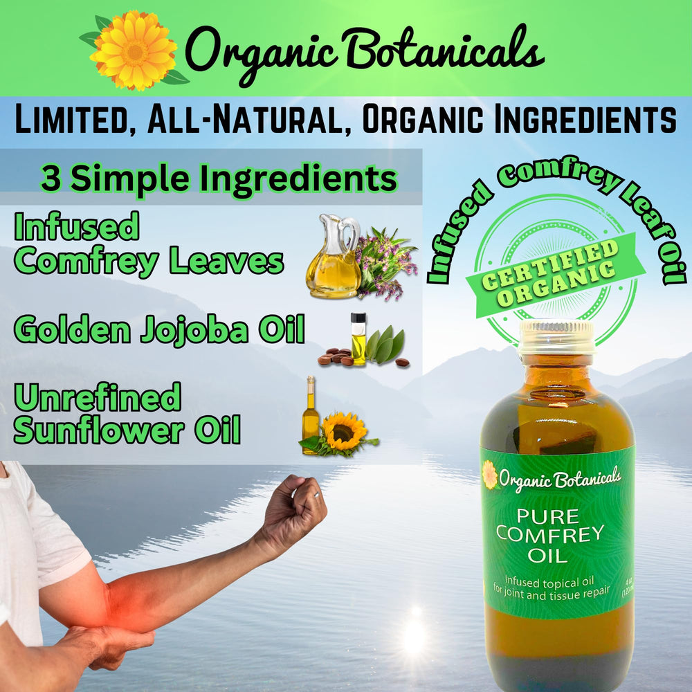 Organic Botanicals Comfrey Leaf Oil massage-ready blend provides soothing body relief.
