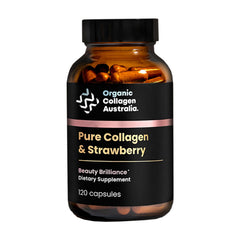 Organic Collagen Australia Beauty Brilliance strawberry capsules on a clean surface, boosting skin radiance.