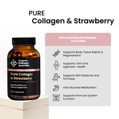 Organic Collagen Australia Beauty Brilliance bottle of strawberry capsules for effortless daily beauty routine.