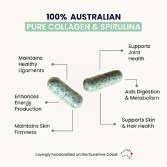 Organic Collagen Australia bottle front shows grass-fed collagen and clean ingredient profile for energy support.