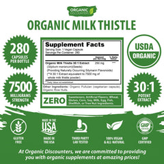 Close-up of Organic Discounters Milk Thistle capsules rich in silymarin flavonoids