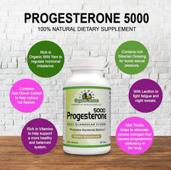 Organic Farms Vitamins Progesterone bottle with pills on white surface for routine.
