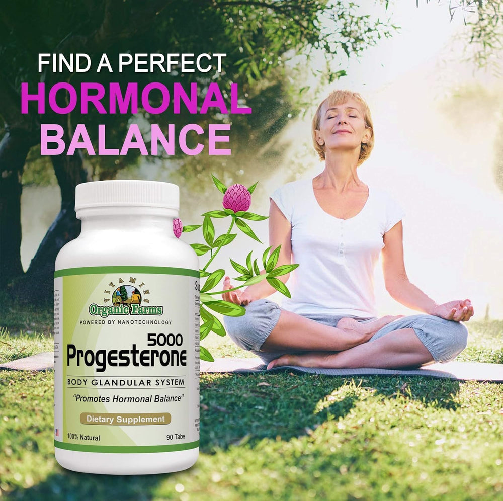 Organic Farms Vitamins Progesterone packaging front view highlighting natural formula.