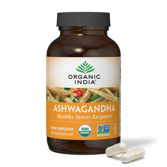 Organic India Ashwagandha capsules bottle highlighting stress support and daily energy.
