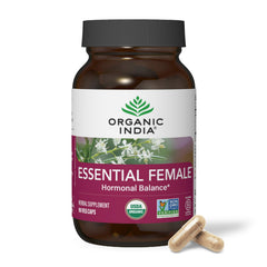 Organic India Essential Female bottle close-up showing herbal balance potential