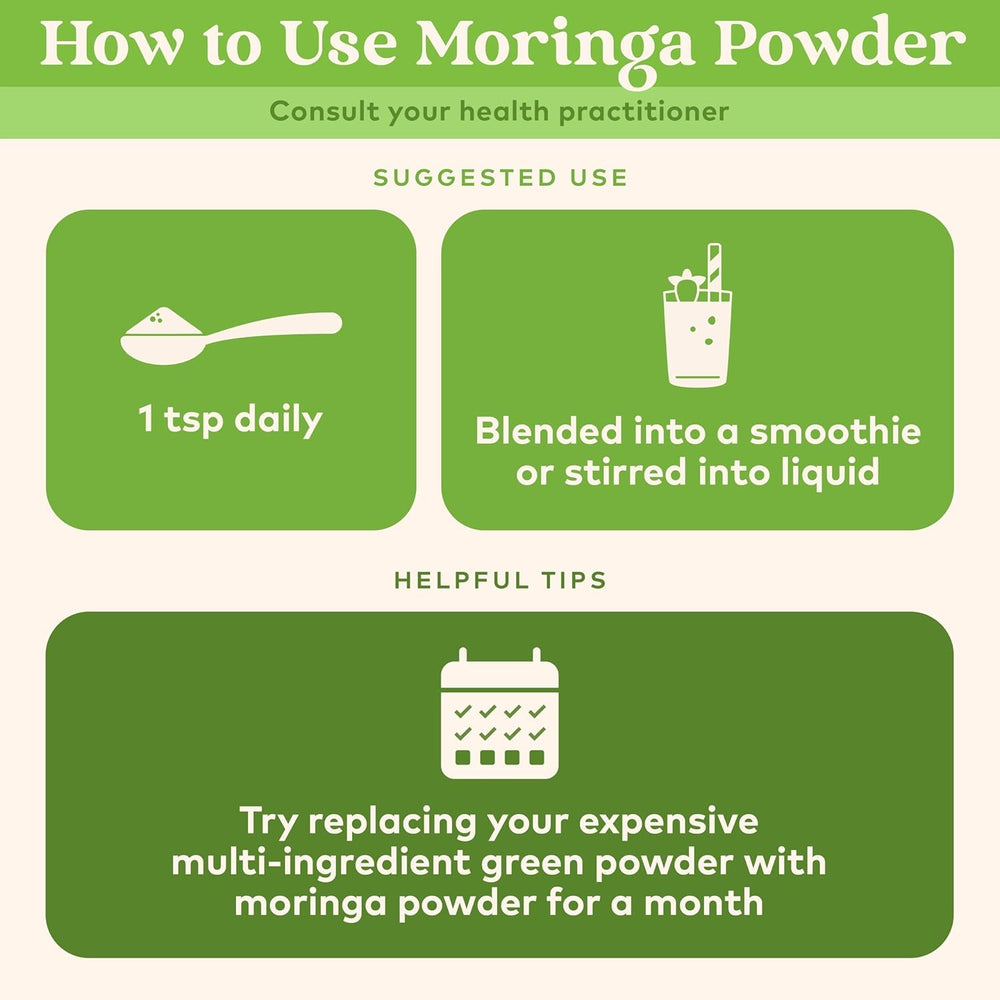 Organic India Moringa powder packaging on display for convenient vegan nutrition