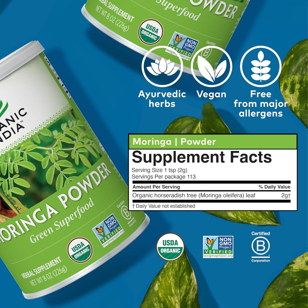 Organic India Moringa powder poured into yogurt for fiber and greens