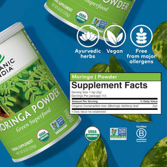 Organic India Moringa powder poured into yogurt for fiber and greens