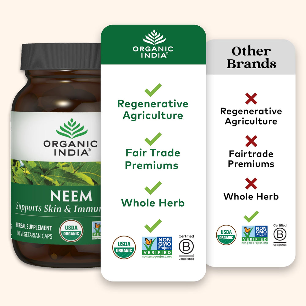 Organic India Neem Leaf Capsules amber bottle under soft light.