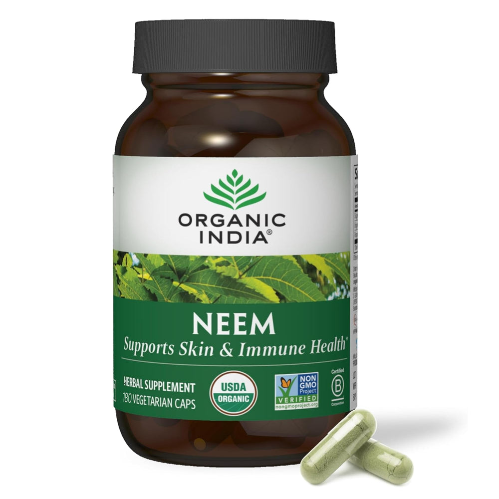 Organic India Neem Leaf Capsules bottle promotes daily wellness.