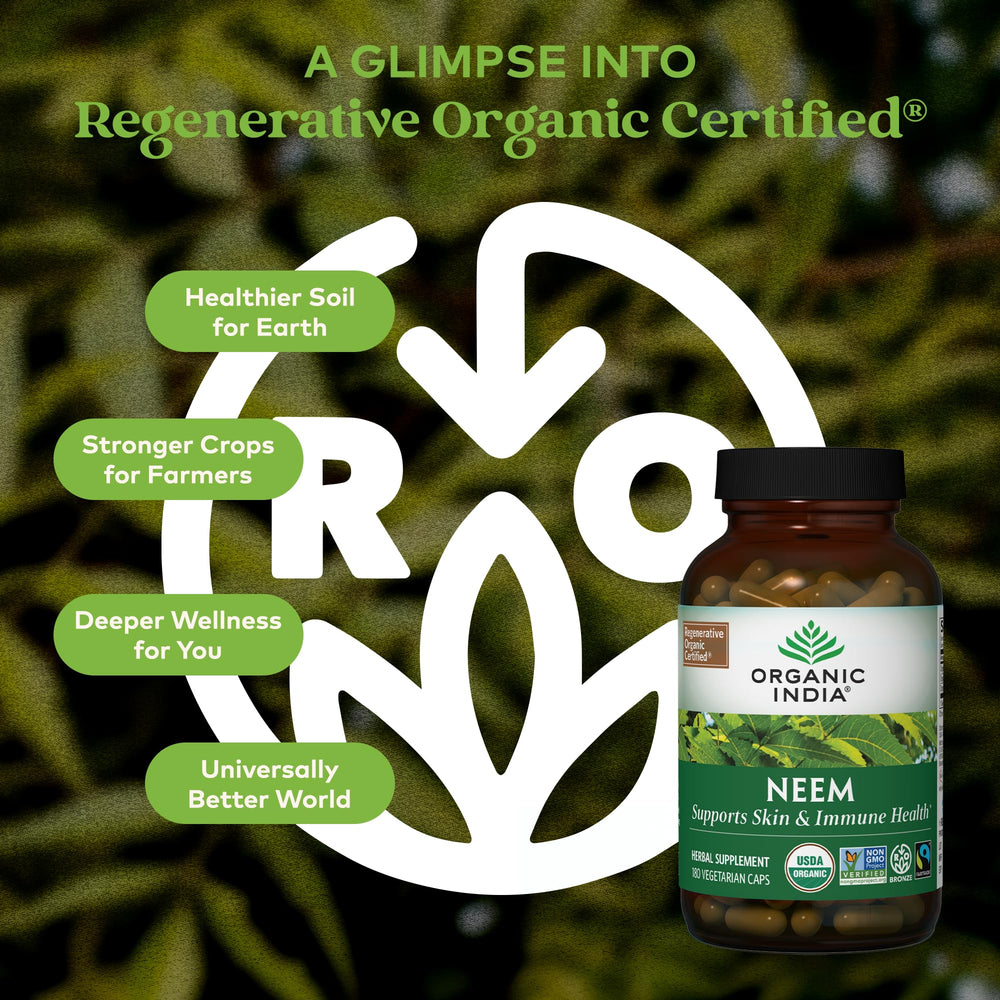 Organic India Neem Leaf Capsules close-up shows capsules for daily use.
