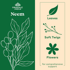 Organic India Neem Leaf Capsules label close-up emphasizes organic quality.