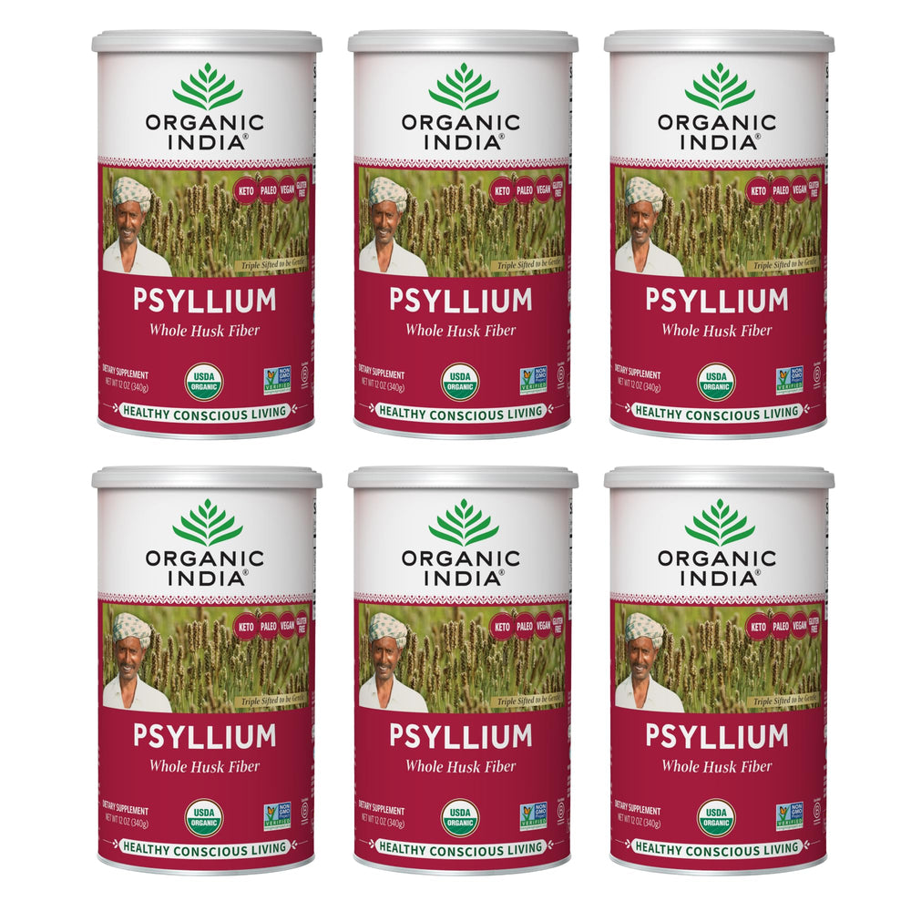 Organic India Psyllium Herbal Powder canister for gentle daily fiber support.