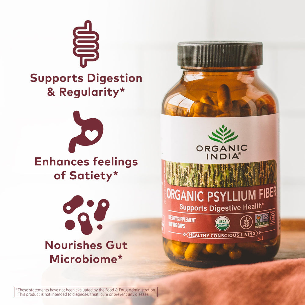 Organic India Psyllium powder bottle back with usage directions and certifications