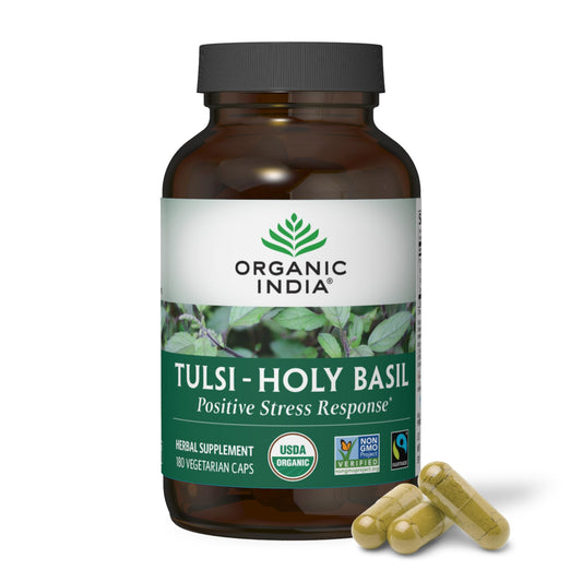 Organic India Tulsi bottle front for stress support and wellness