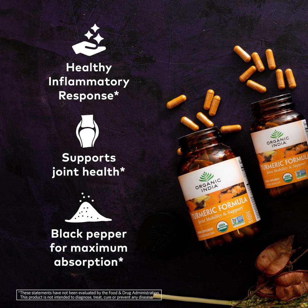 ORGANIC INDIA Turmeric Curcumin capsules close-up highlighting golden capsules for antioxidant support