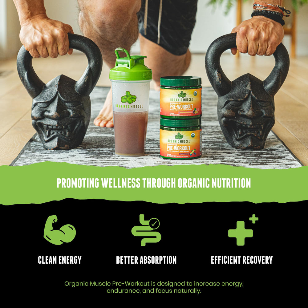 Organic Muscle Lemon Berry powder close-up ready to mix for sustained performance