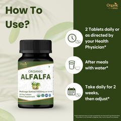 Organic Spree Alfalfa tablets close-up showing tablet texture and color.