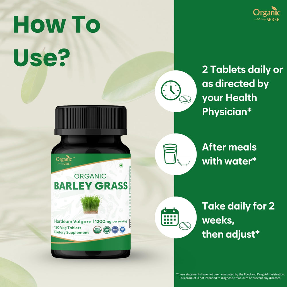 Organic Spree Barley Grass Tablets pouring into hand suggests easy daily dosage