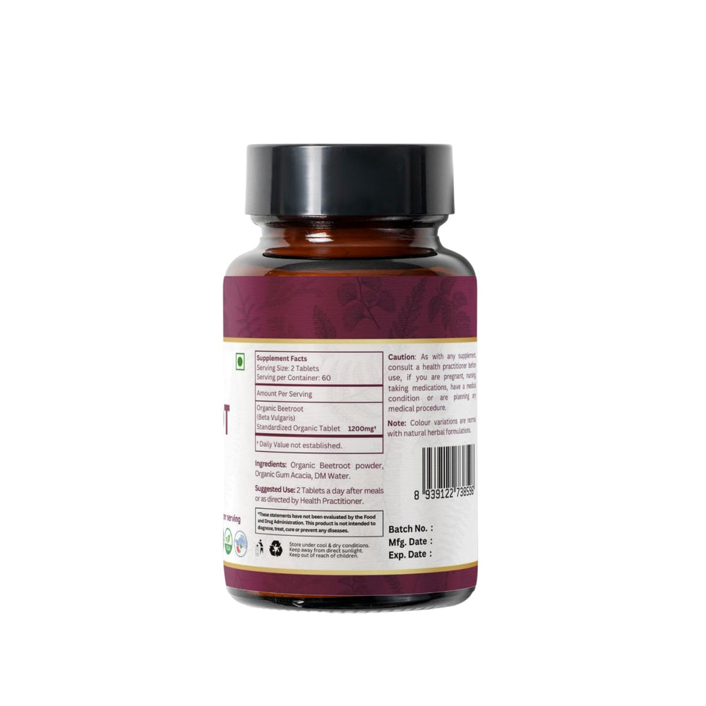 Side view of Organic Spree Beetroot Tablets bottle highlighting compact tablet form