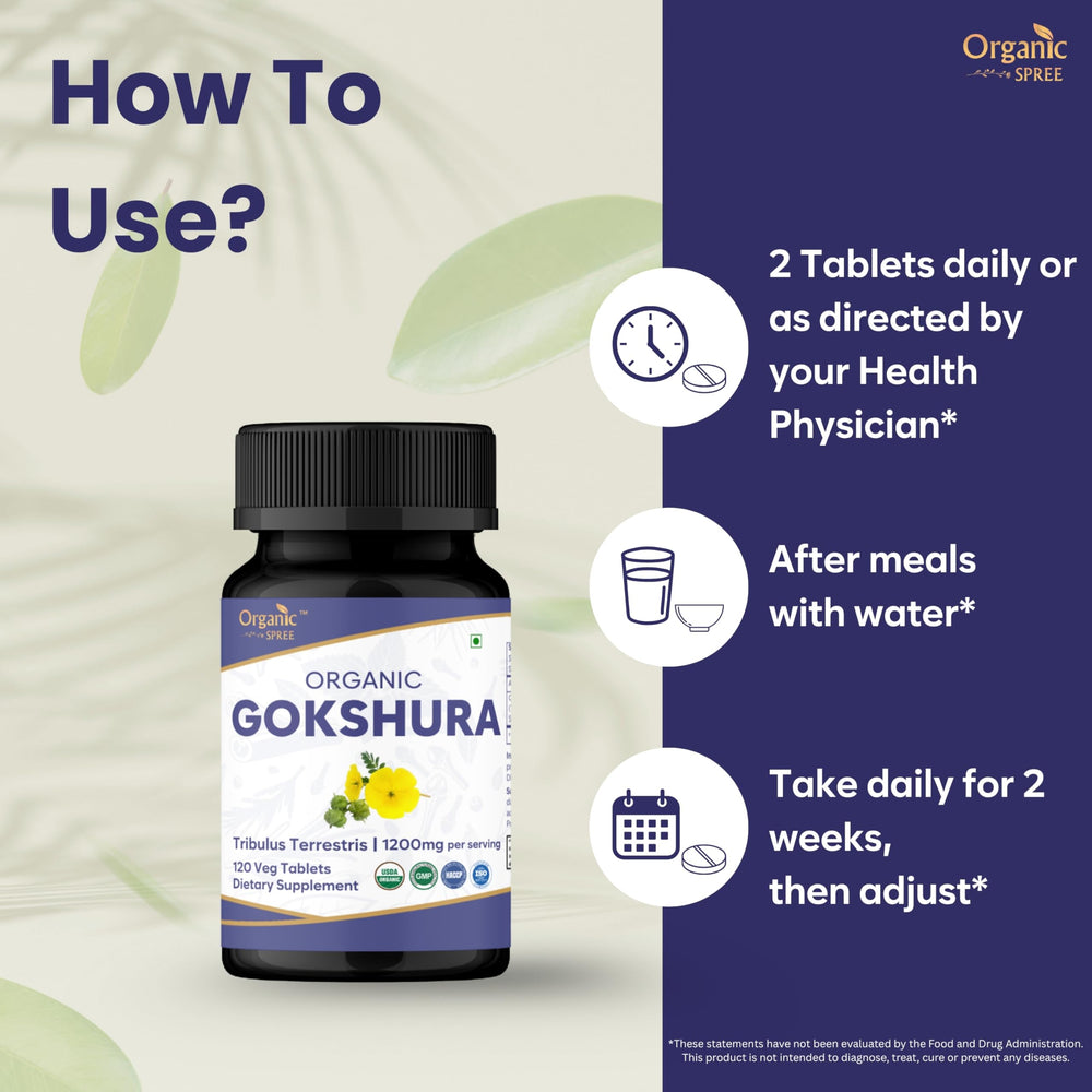 Organic Spree Gokshura tablets on white background suggest convenient daily supplementation.