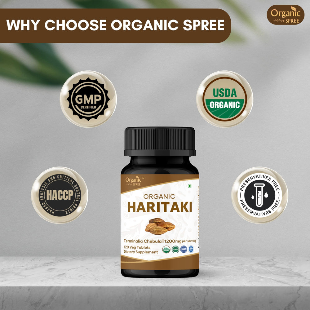 Packaging box for ORGANIC SPREE Haritaki highlighting organic certification.