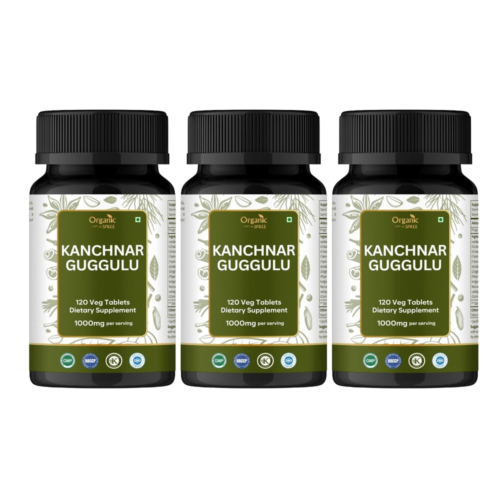 ORGANIC SPREE Kanchnar Guggulu bottle label highlights detox support potential.