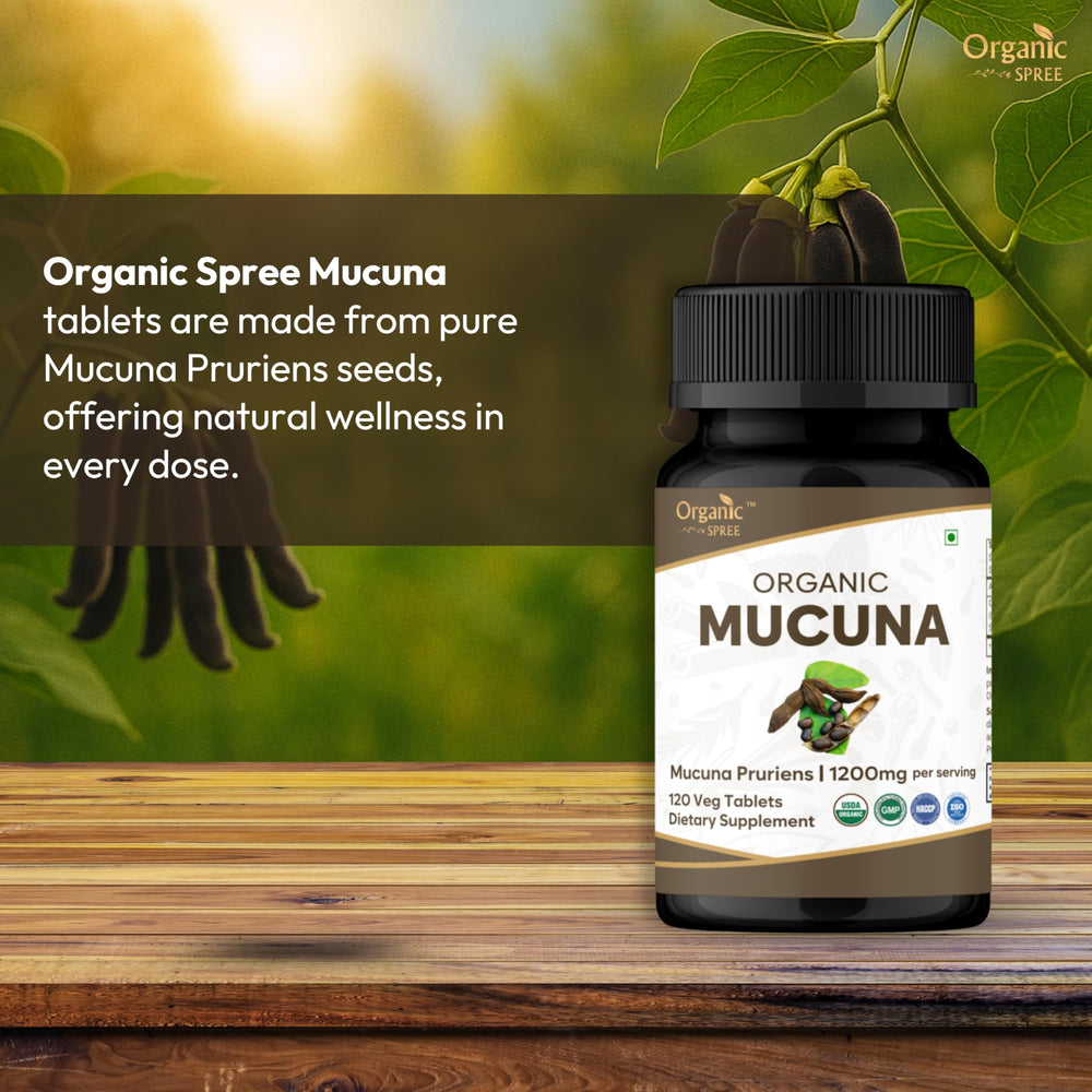 Organic Spree Mucuna tablets packaging showing USDA Organic certification and vegan-friendly formulation.