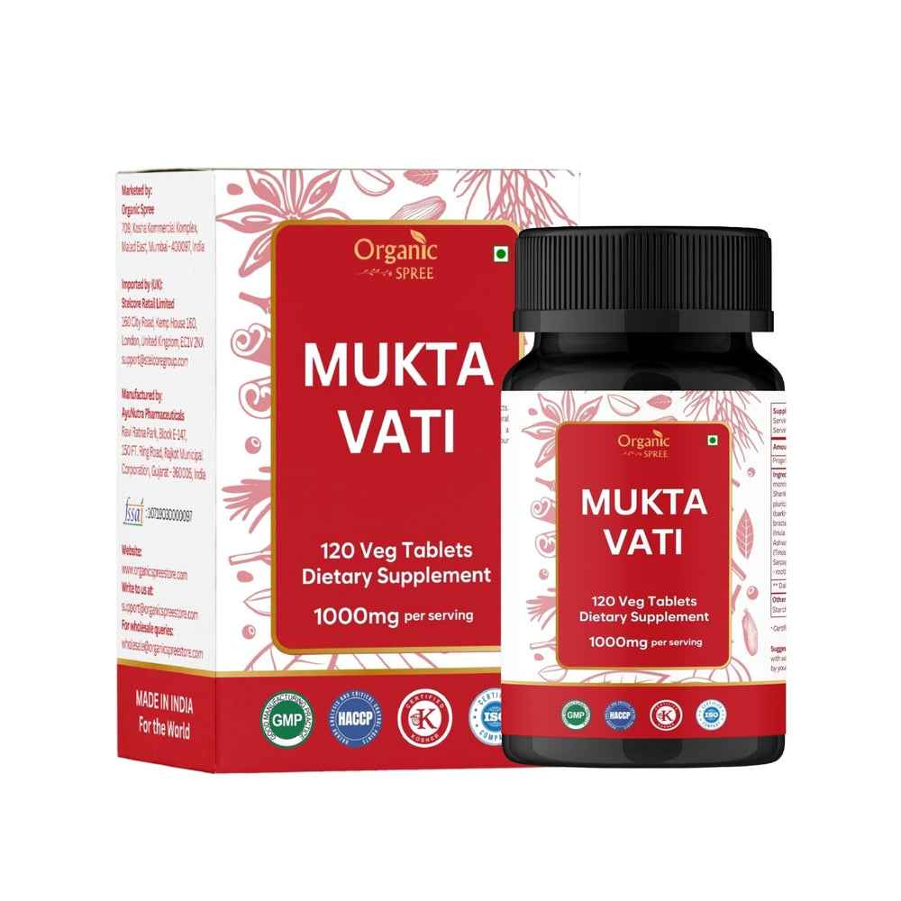 Organic Spree Mukta Vati bottle close-up highlighting pure Ayurvedic support for daily heart wellness