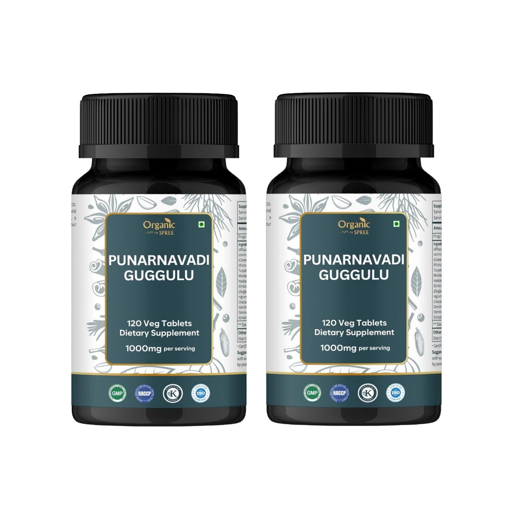 Organic Spree Punarnavadi Guggulu tablets bottle, vegetarian formulation for urinary health.