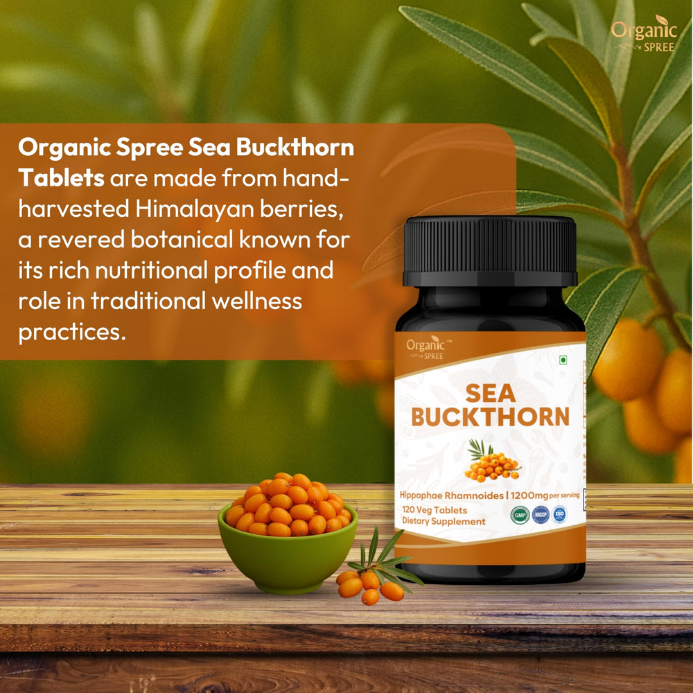 Organic Spree Sea Buckthorn tablets label close-up highlighting Omega 7 content