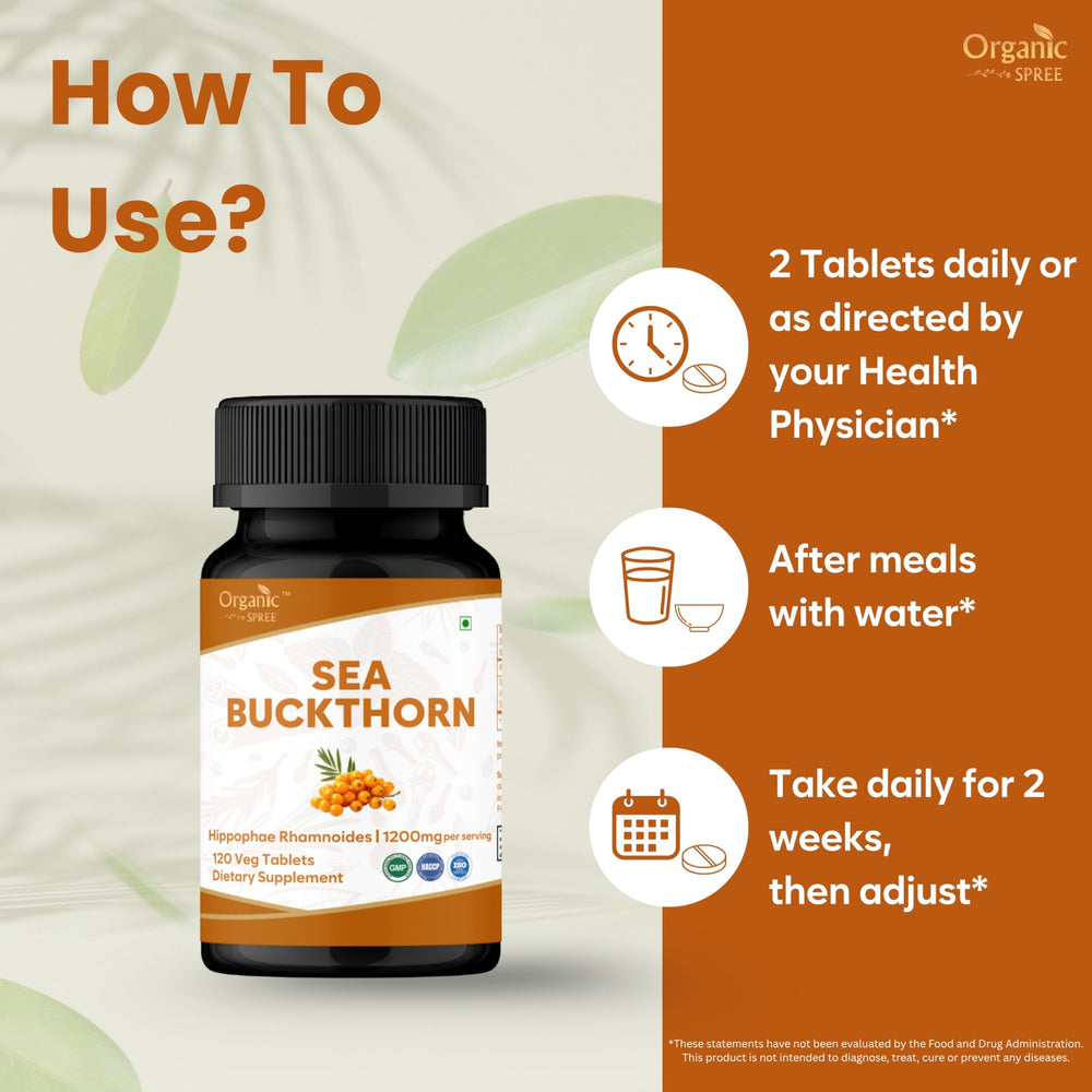 Organic Spree Sea Buckthorn tablets on white surface for daily use