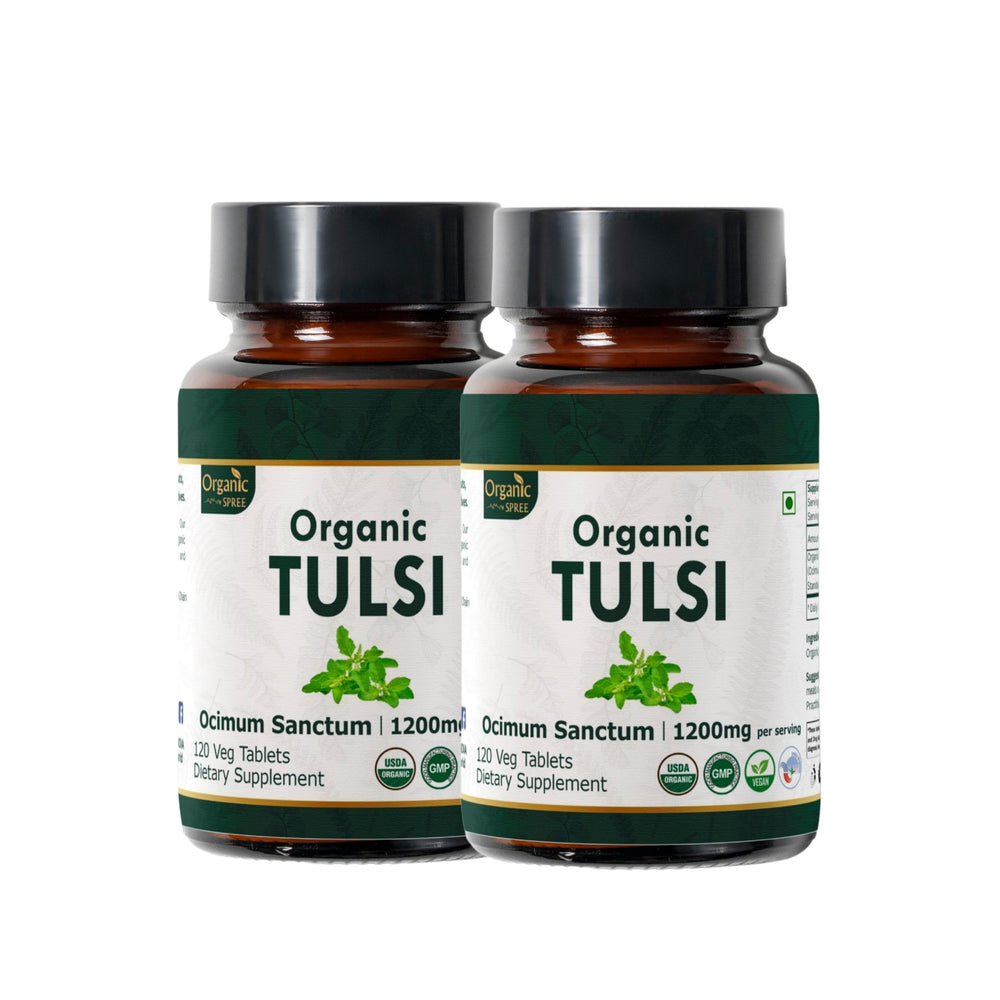 ORGANIC SPREE Tulsi bottle front showing 120 tablets for daily adaptogenic use