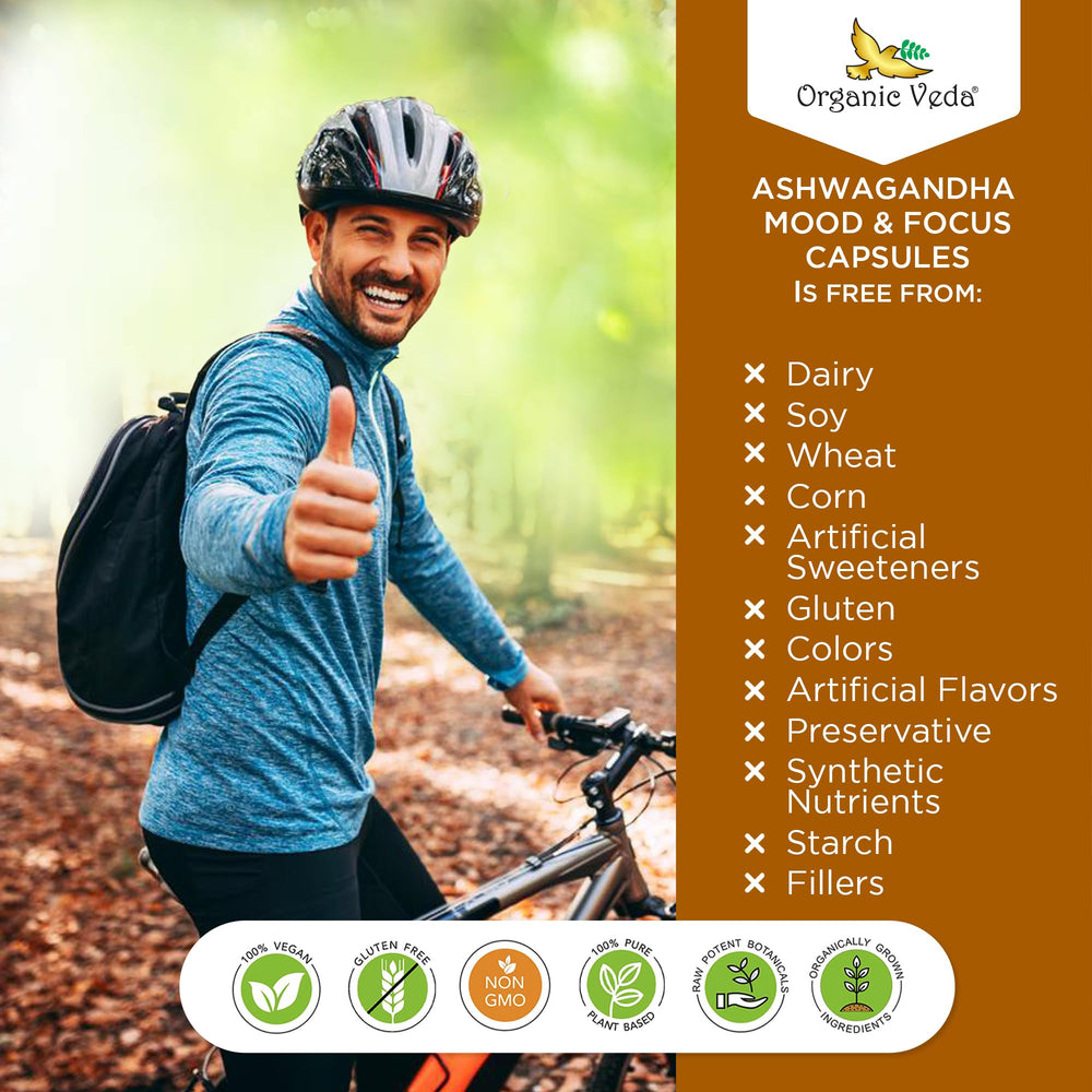 Organic Veda Ashwagandha ingredients bottle highlights adaptogenic blend.
