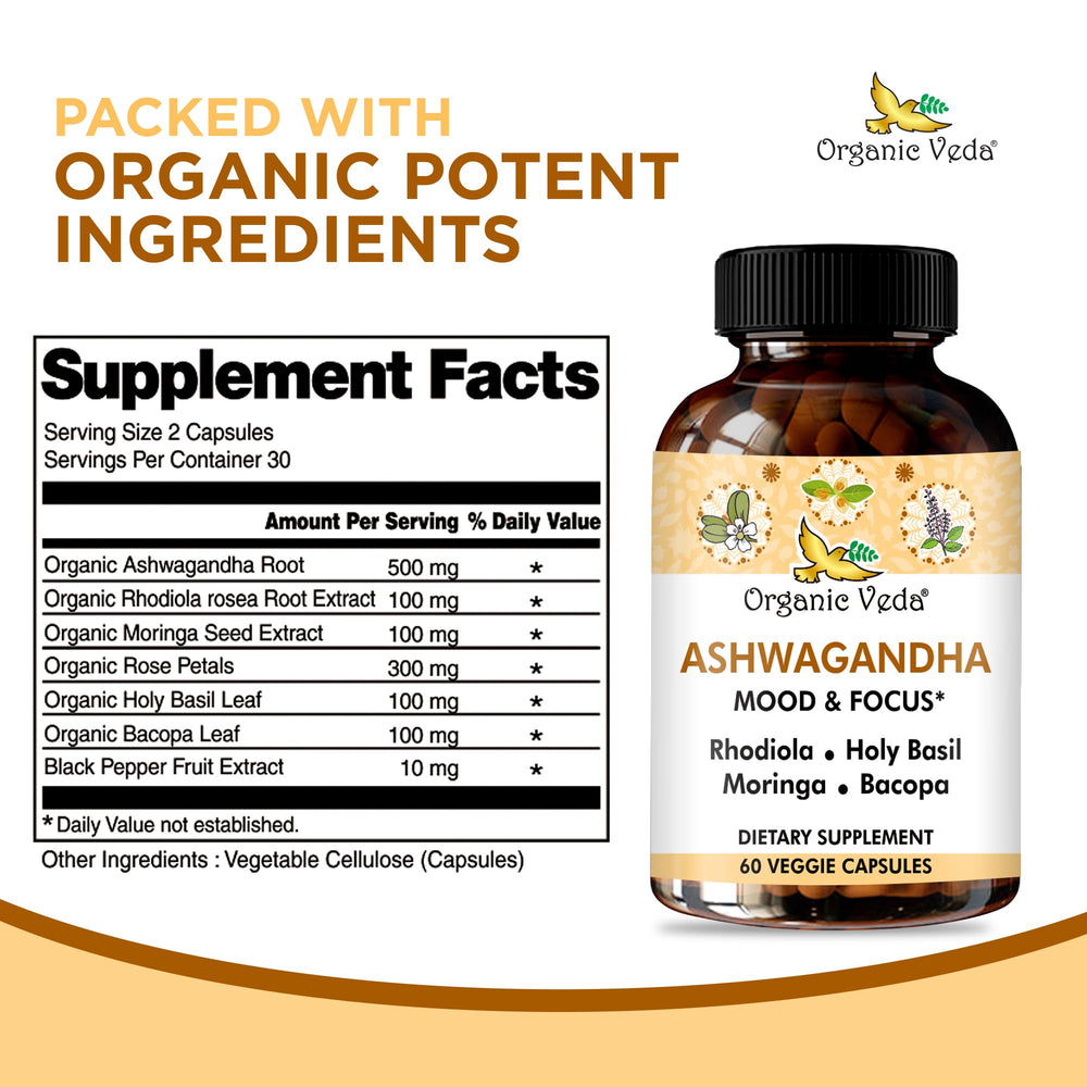 Organic Veda Ashwagandha Mood Support capsules ready for daily focus.