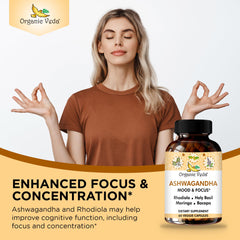 Organic Veda Ashwagandha capsules being poured for daily calm and focus.