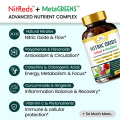 Organic Veda MetaGREENS bottle front highlighting the 10-in-1 green blend.