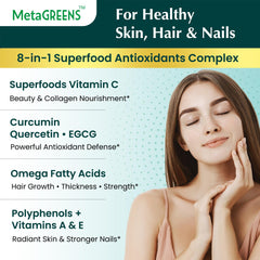 Organic Veda MetaGREENS greens and herbs close-up emphasizing antioxidant ingredients.