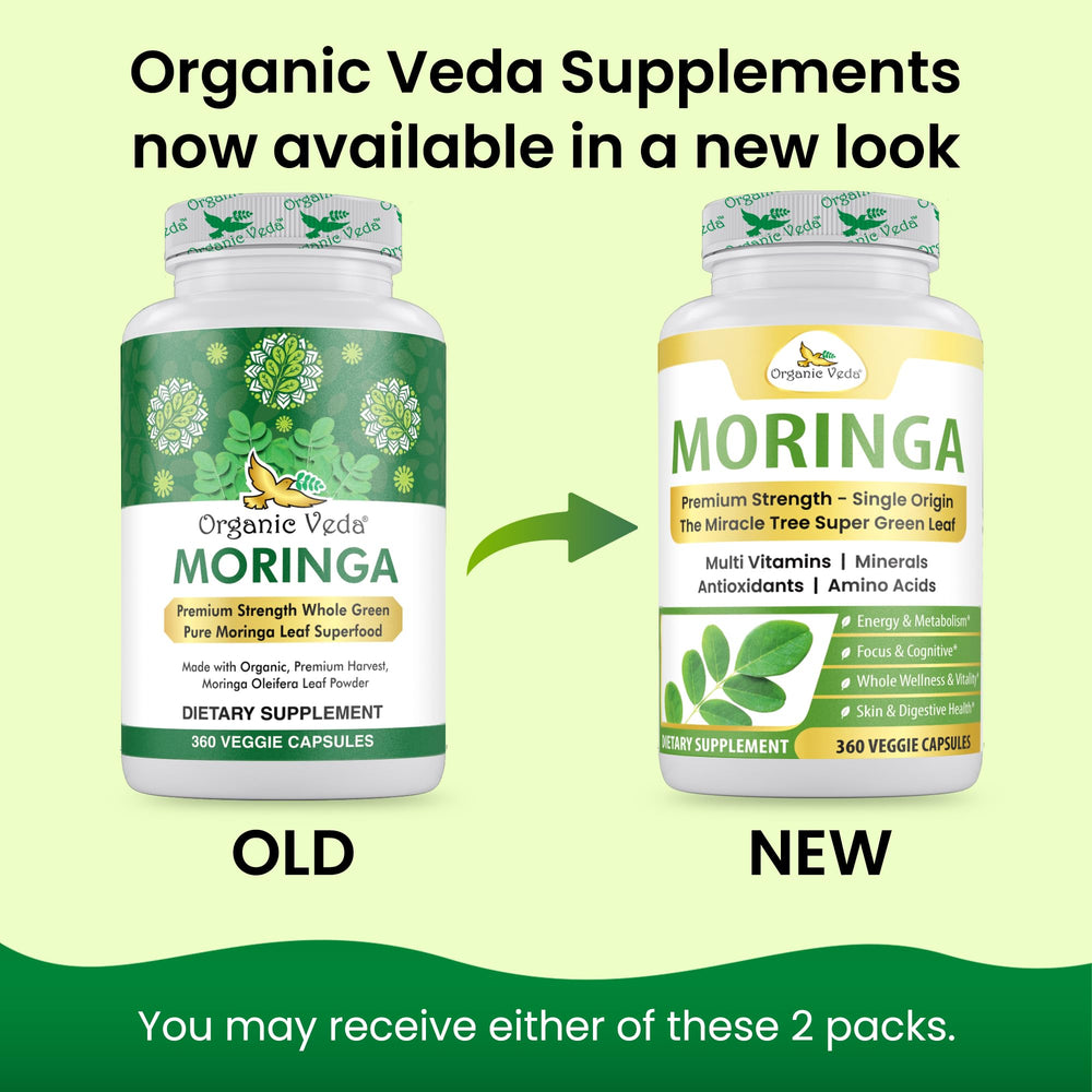 Organic Veda Moringa capsules bottle closeup shows vegan high-strength supplement.